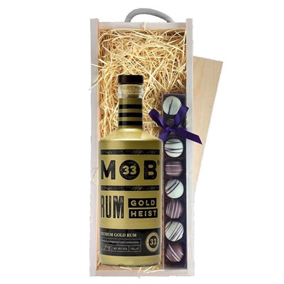 MOB33 Gold Heist Rum 70cl And Heart Truffles, Wooden Box
